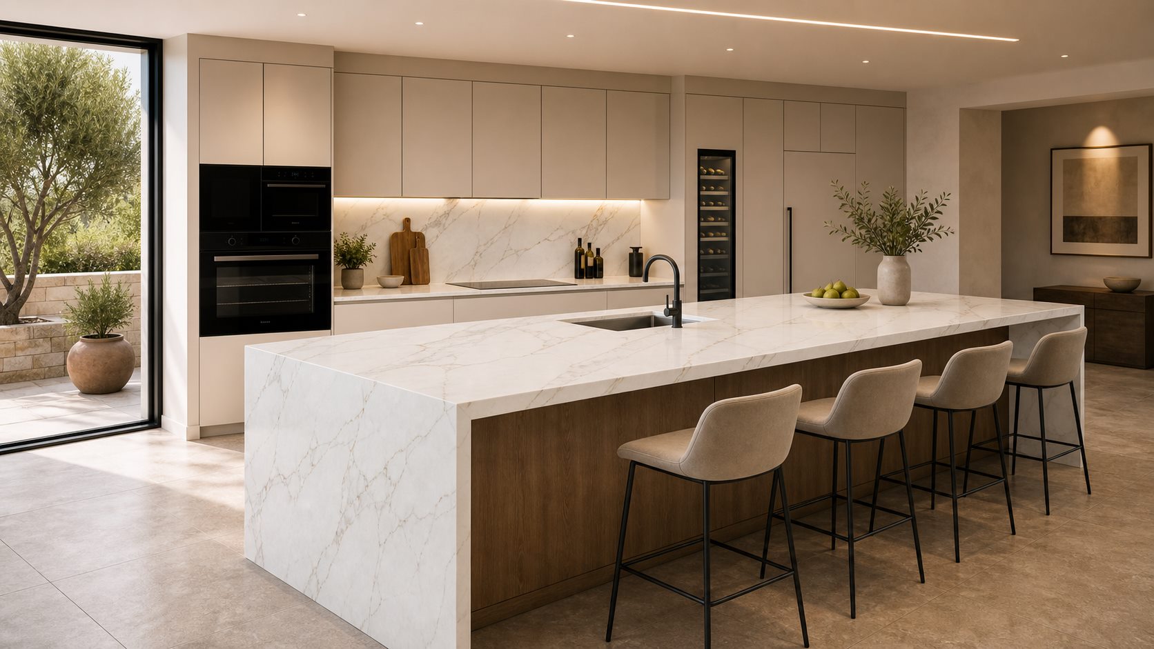 Vista previa del diseñador: cocina con isla y aplacado de piedra calacatta